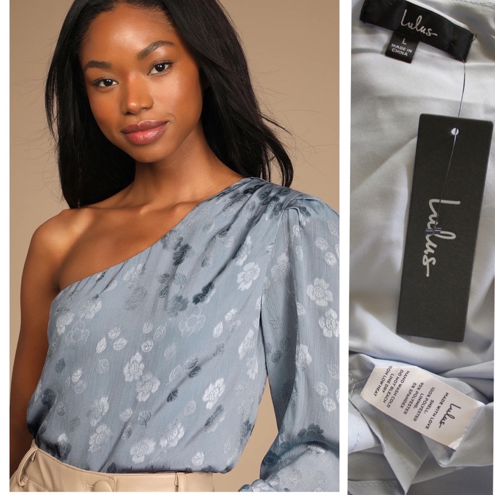 Lulus NWT Stay Lovely Dusty Blue Floral Jacquard Satin One-Shoulder Top Large - Picture 5 of 10